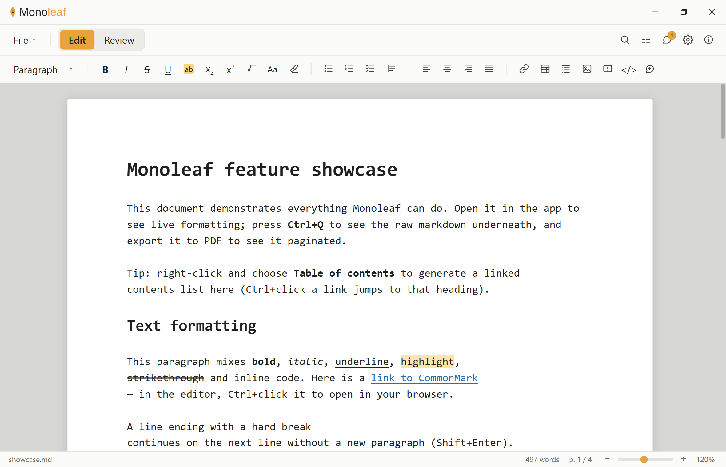 The Monoleaf window: a formatting toolbar above a white page on a grey canvas, with
                Edit and Review mode buttons, an outline and comments in the top bar, and a status
                bar showing the filename, word count, page number and zoom level.